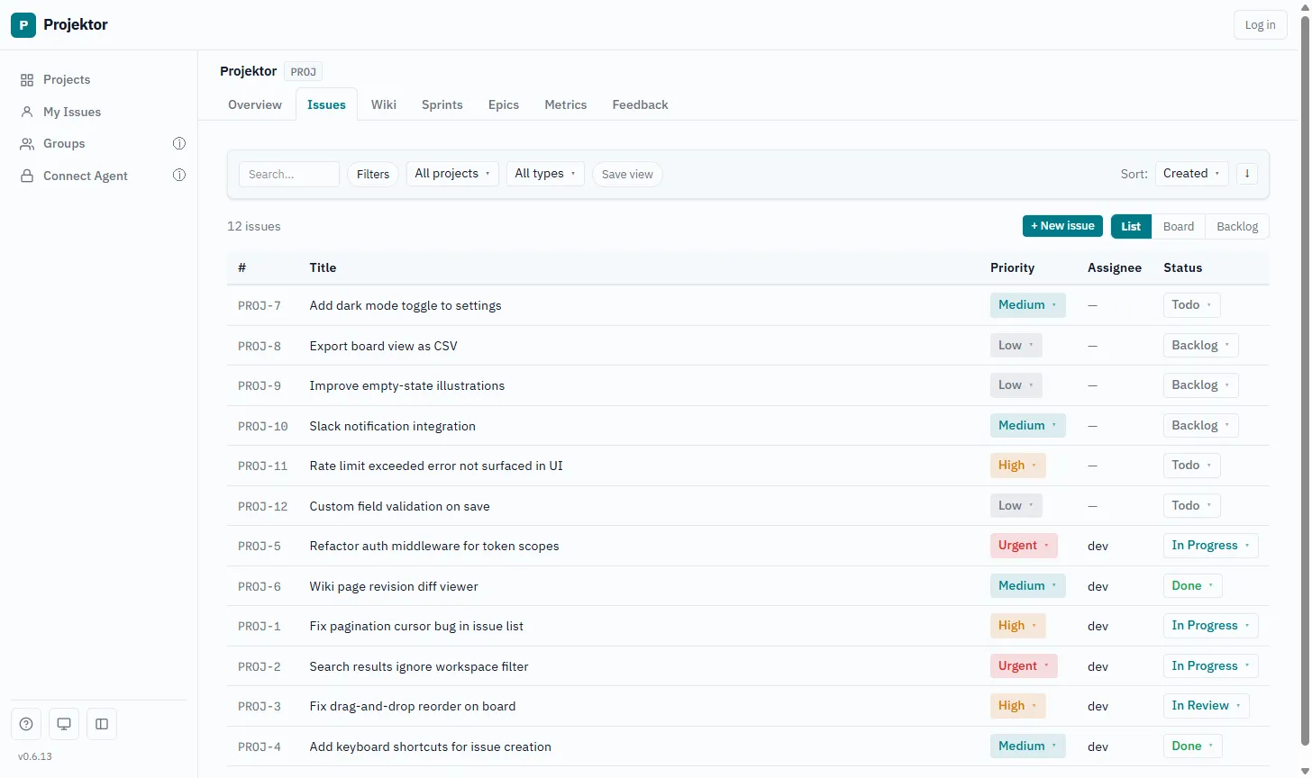 Projektor issue backlog: list view with projects sidebar, issue refs, status, priority and assignees