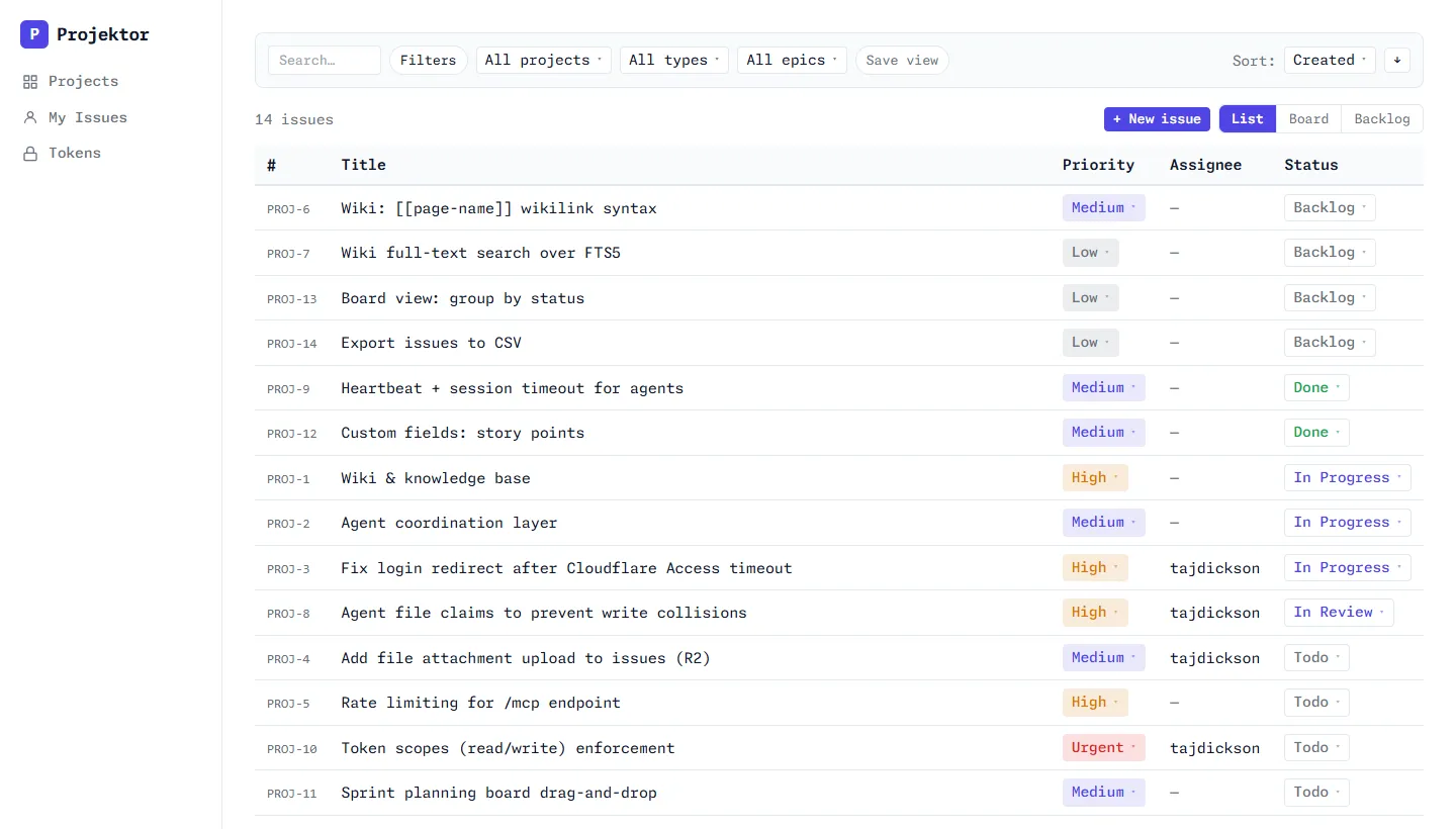 Projektor issue backlog - list view with projects sidebar, issue refs, status, priority, and assignees